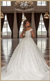 Designer Princess Long White Off-the-shoulder Glitter A-line Wedding Dresses